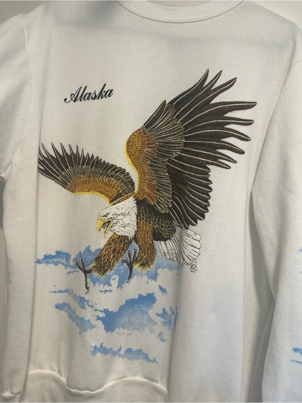 VTG ‘91 EUC Cal Pacific SzXL Alaska Eagle AOP Arm Print Crew Neck USA Sweatshirt